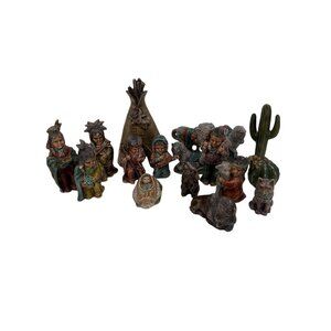 Native American Nativity Set 18-Piece Handcrafted Figurines Ceramic‎